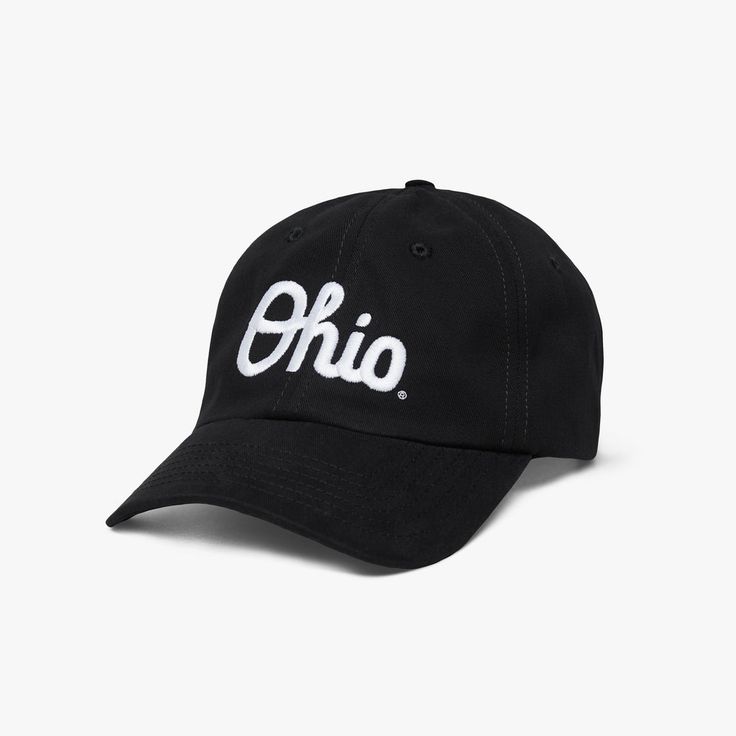 a black hat with the word oho printed in white on it, against a white background