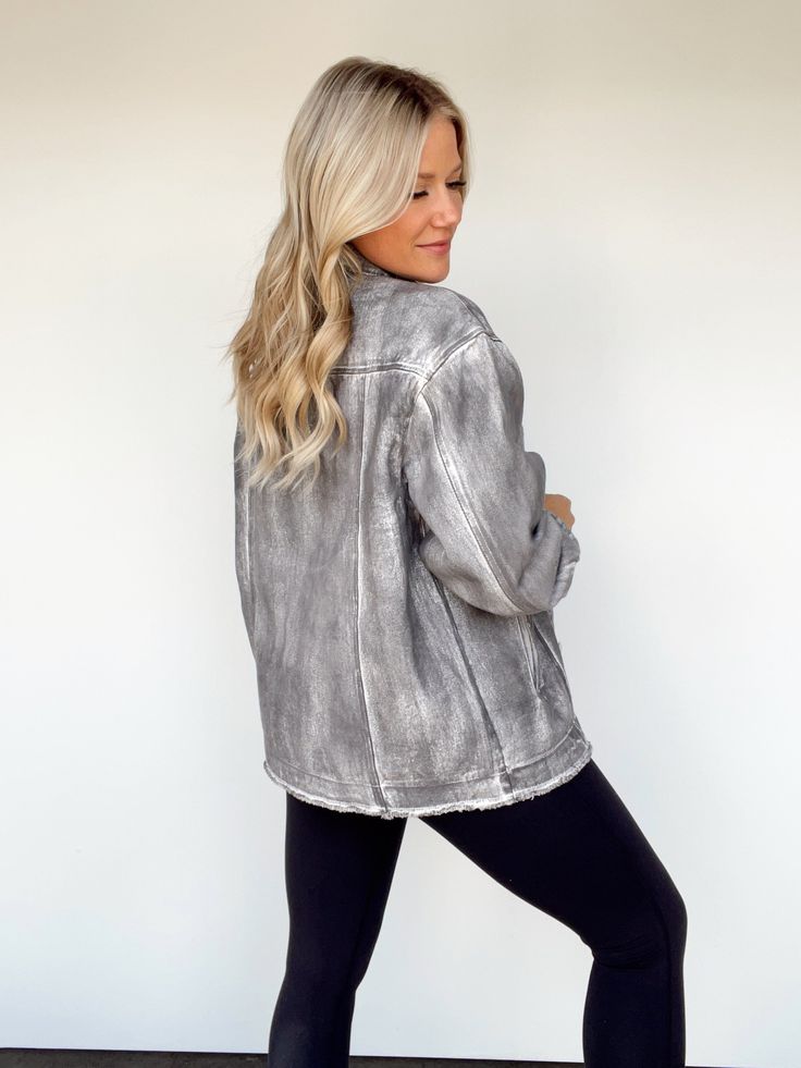 Discover the perfect combination of modern style and edgy grunge with this Grunge Glam Distressed Jacket. This unique piece offers a trendy, relaxed fit and is crafted with a distressed mineral wash for a classic vintage feel. The collared neckline and pocket details give it an elevated twist, while the button closures provide a perfect fit. You'll stay warm with this transitional piece during any fall adventure. 100% Cotton Hand wash cold.