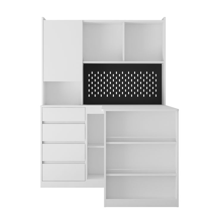 a white bookcase with drawers and shelves