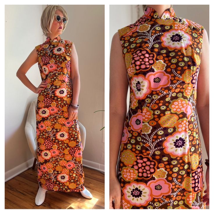 Groovy Vintage 70s Maxi Dress W/ Psychedelic Floral Print Sleeveless Column Shape Side Slit Back Zip Cheongsam Styling W/ Decorative Buttons At Left Shoulder Excellent Condition - Possibly Never Worn Price Firm Measurements Taken Flat Across The Front Bust: 17” (Stretches To 18.5”) Waist: 15.5” (Stretches To 16.5) Hip: 19” (Stretches To 20”) Length: 54.5” Sku 0911 Vintage Maxi Dress 70s, Vintage Dresses 70s, Angel Wing Dress, Cheongsam Vintage, Maxi Dress 70s, Etsy Vintage Clothes, Vintage Sundress, 70s Maxi Dress, Column Dress