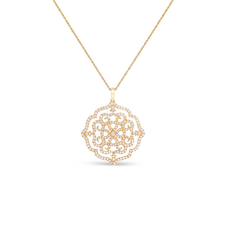 This detailed filigree pendant, resembles feminine strength. Elegant and classic, this filigree pendant is set in 18K rose gold, and features a diamond lined, swirly, filigree design that holds over two hundred sparkling white diamonds. The pendant hangs from a rose gold chain and is attached by an embellished bail at the top of the pendant. This pendant is sure to be adored by all who see it and makes for a beautiful gift.
We are happy to answer any of your questions! Contact us! Luxury Filigree Diamond Necklace For Formal Occasions, Exquisite Diamond Necklace With Intricate Design, Luxury White Gold Diamond Necklace With Filigree, Elegant White Gold Filigree Diamond Necklace, Elegant White Gold Diamond Necklace With Filigree, Elegant Rose Gold Jewelry With Intricate Design, Elegant Filigree Diamond Pendant Necklace, Filigree Diamond Pendant Jewelry, Diamond Filigree Pendant Jewelry