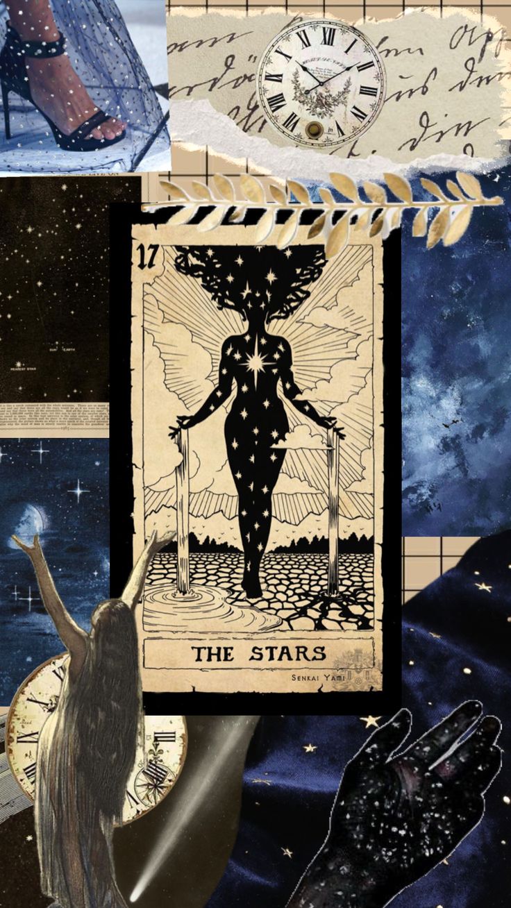 collage with various images and text about the star tarot, including an image of a woman's body