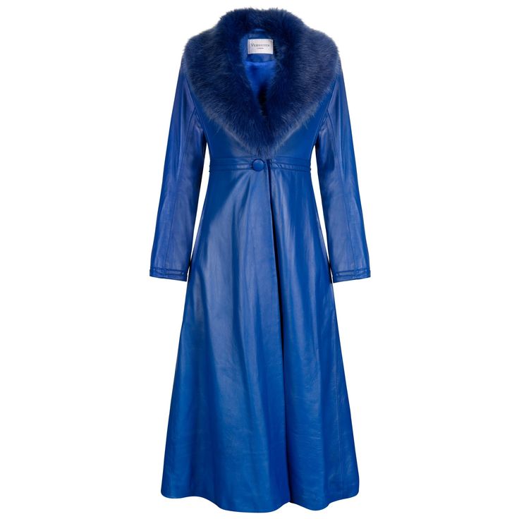 Verheyen London Edward Leather Coat in Blue with Faux Fur - Size uk 12 The Edward Leather Coat created by Verheyen London is a romantic design inspired by the 1970s and Edwardian Era of Fashion. A timeless design to be be worn for a lifetime and to treasure forever. This waisted coat flatters every woman and the bell sleeve shows the 70s inspired feel. Handmade in London, made with 100% Italian Lambs Leather and the highest quality of real like faux fur to match, this luxury item is an investmen Bonnie Cashin, London Brands, Leopard Print Coat, Leather Trench, Romantic Design, Leather Trench Coat, Print Coat, White Faux Fur, Edwardian Era