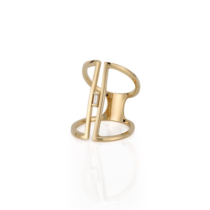 This 1" ring features a bezel set .05ct. baguette diamond in the center and a gentle sloping back. A great statement ring with a minimalist aesthetic. Ring is custom made to order. Please allow 3-4 weeks for this item to ship. Adjustable Modern Initial Ring In 14k Gold, Modern Adjustable 14k Gold Initial Ring, Adjustable Modern Yellow Gold Rings, Modern Adjustable Initial Ring With Open Design, Modern Open Initial Ring With Polished Finish, Modern Adjustable Initial Open Ring, Luxury Open Ring With Initial For Everyday, Modern Gold Midi Ring With Open Band, Modern Gold Midi Rings With Open Band