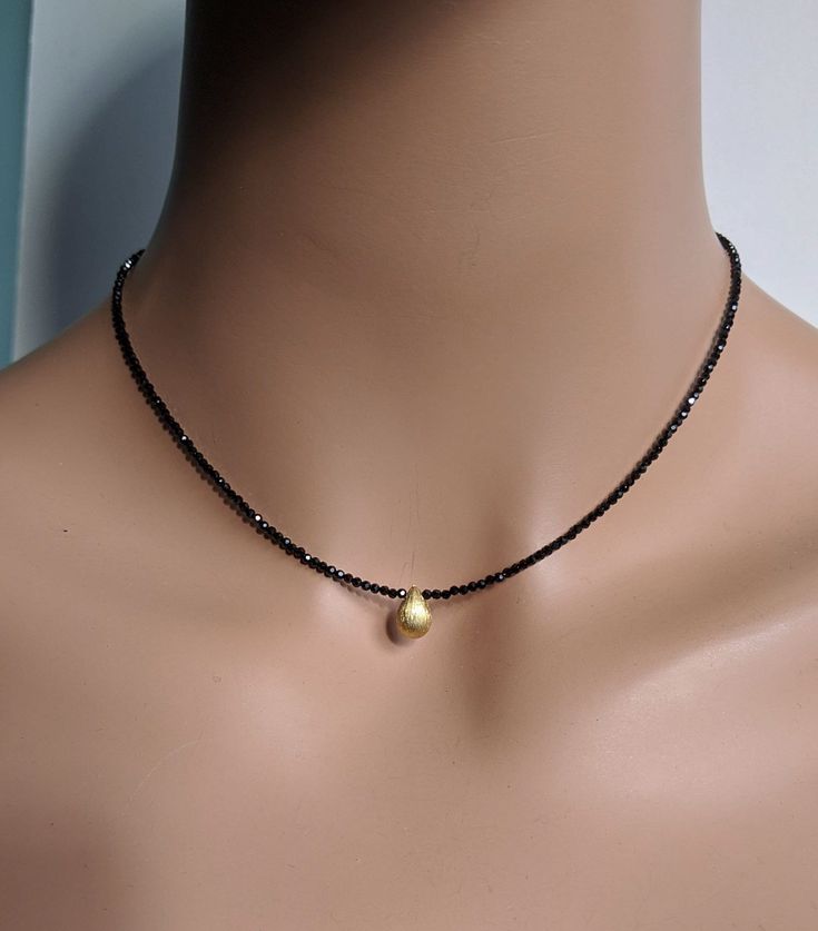 "Black Onyx and 24 K Gold Filled Sterling Silver Brushed Teardrop Necklace, Faceted Onyx Vermeil Statement Necklace, Minimalist Jewelry. The necklace drapes beautifully around the neck and secures with a hook clasp.  Total length: approx 15'' to 17\". * Processing time is 3 - 5 days.  * US orders are shipped first class mail. * International orders are shipped first class international. * Shipping upgrades are available at checkout. Thank you for visiting my listing!" Beach Wedding Necklace, Applying Perfume, December Birthstone Necklace, Gemstone Bar Necklace, Necklace Minimalist Jewelry, Black Onyx Necklace, Mother Of Pearl Earrings, Boho Chic Jewelry, Onyx Jewelry