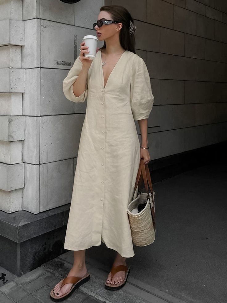 Cotton & Linen Button-Front Knotted Long Dress Party Dresses Night, Linen Design, Button Front Maxi Dress, Womens Trendy Tops, Midi Short Sleeve Dress, Outfits Verano, Summer Events, Night Out Dress, Boho Casual