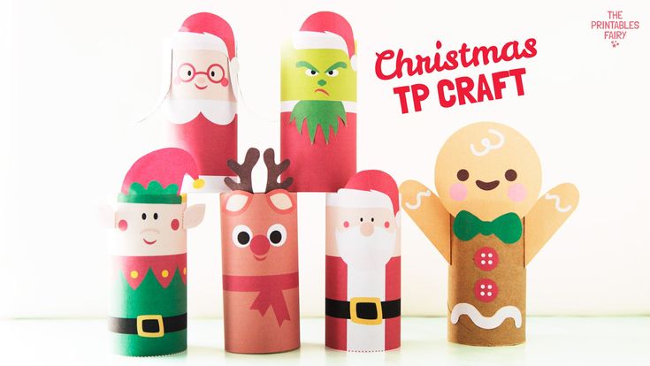 christmas crafts made out of toilet rolls and paper tubes with santa clause, gingerbread man, mrs claus