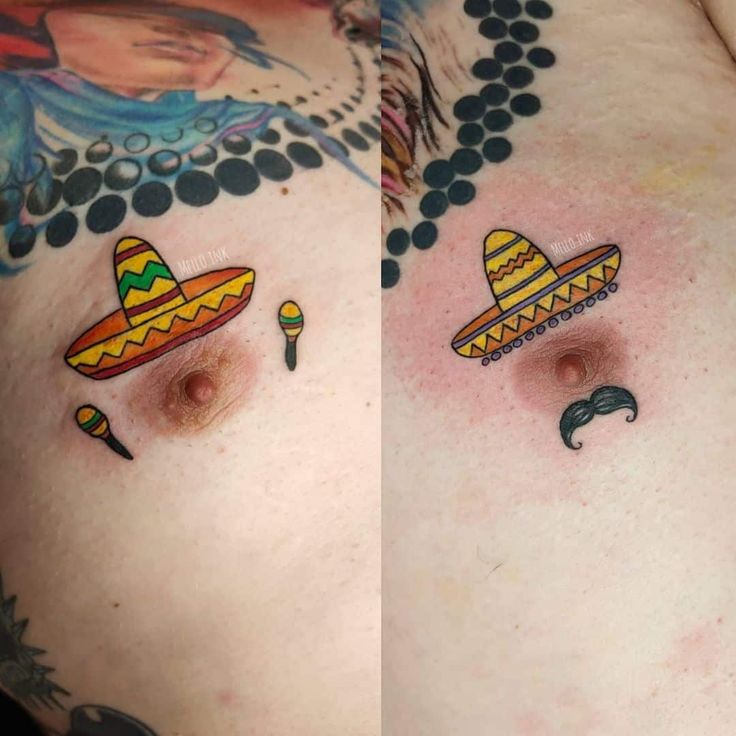 two pictures of the same person with tattoos on their stomachs and one is wearing a sombrero