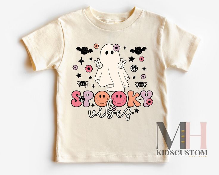 Spooky Vibes Halloween Shirt, Halloween Kids Shirt, Ghost Girls T-shirt, Retro Toddler Natural Tee, Gifts For Kids Design is machine printed directly onto the shirt using Direct To Garment printer & finish with a professional heat pressed. The design is soft to touch. I use premium quality brand shirt made for printing. Kids B+C Unisex T-Shirt/Long sleeve & Baby Bodysuit size 3-6M & above -4.2 oz., 100 % combed and ring spun cotton. Light weight and soft. Baby bodysuit 0-3M  -White is 100% organ Playful Halloween T-shirt With Funny Print, Spooky Vibes, Girls T Shirt, Soft Baby, Branded Shirts, Direct To Garment Printer, Halloween Kids, Ribbed Fabric, Kids Design