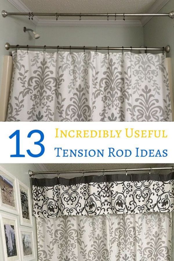 the bathroom is decorated in gray and white with pictures on the wall above it, along with text overlay that reads 13 incredibly useful tension rod ideas