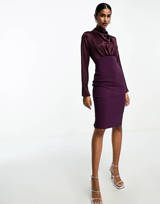 ASOS DESIGN high neck satin midi dress with structured skirt in purple | ASOS Fitted Satin Midi Dress With High Neck, Fitted Satin High Neck Midi Dress, Elegant Purple Bodycon Dress For Night Out, Elegant Purple Bodycon Cocktail Dress, Elegant Purple Office Dress, Elegant Purple Long Sleeve Bodycon Dress, Elegant Purple Knee-length Bodycon Dress, Elegant Purple Midi Dress For Office, Formal Satin Midi Bodycon Dress