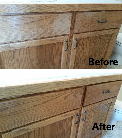 before and after shots of a bathroom vanity