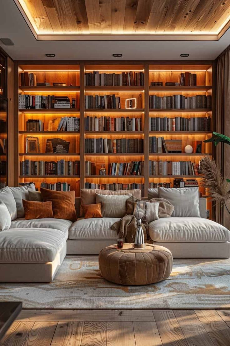 a living room filled with lots of furniture and bookshelves covered in wooden shelves