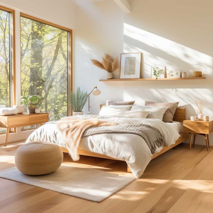 a bedroom with wood floors and white walls