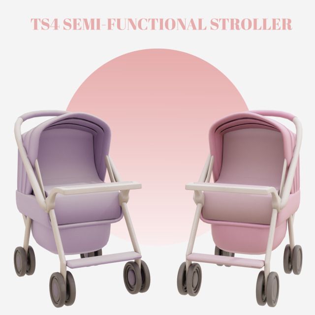 two pink and purple baby strollers facing each other with the text ts4 sem functional stroller