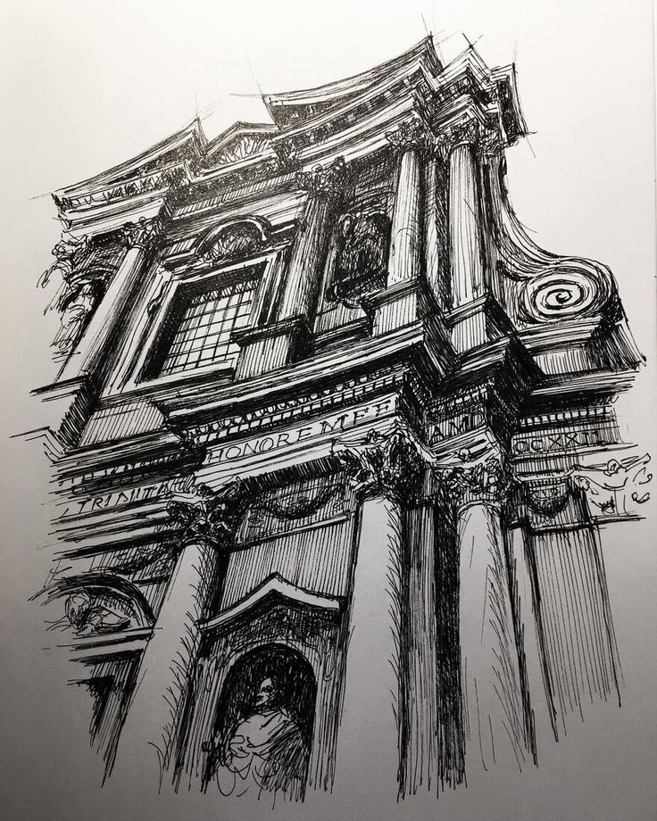 an ink drawing of a building with columns