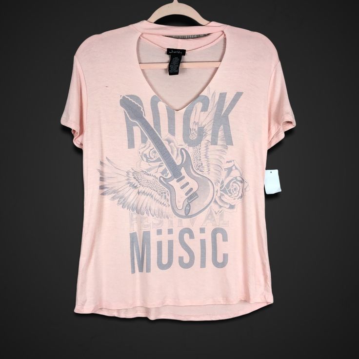 Justify Pink Tee With Neck Cutout. Says Rock Music. Short Sleeve, Pink With Gray Graphic. Juniors Size Large. Brand New With Tags. Edgy T-shirt For Spring Music Festival, Spring Rock Style Crew Neck T-shirt, Edgy Pink Summer Tops, Edgy Pink Tops For Spring, Edgy Pink Tops With Letter Print, Summer Music-themed Tops For Music Festival, Spring Music-themed Letter Print Tops, Music-themed Relaxed Fit Tops For Summer, Rock Style Short Sleeve T-shirt For Spring