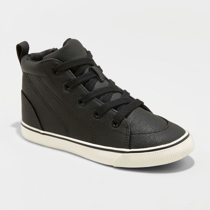 Template By Froo! NEW Boys' Asil High Top Sneakers - Cat & Jack Black Fit & style Boys' black high-top sneakers bring simple, versatile style to his wardrobe Triple straps with adjustable hook-and-loop closure let him get a comfortable fit Zip-up sides make them easier for him to get on and off Add a simple pair of shoes to your little guy's wardrobe that he can wear for nearly any occasion with the Asil High-Top Sneakers from Cat & Jack™. In black, these boys' high-top sneakers pair well with any style of bottoms. Plus, the triple straps have adjustable hook-and-loop closures that will let him get a comfortable, custom fit — and the zip-up sides make them easy for him to get on and off on his own. Sizing: Kids Care and Cleaning: Avoid extreme heat Lining Material: Textile Insole Material: Black High Top Sneakers, Closed Toe Shoes, Black High Tops, Cat And Jack, Boys Sneakers, Girls Black, Jack Black, Black Sneakers, Cat & Jack