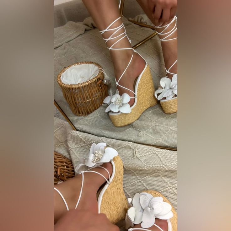 These Wedges Are Very Comfortable, Never Worn Features A Cross In The Front With Additional Wrapping Around The Ankle. Wear With A Cute Summer Dress Or Simple Shorts And White Tee! Cutsey Outfits, Pretty Heels, Flower Heels, Dr Shoes, Cute Shoes Heels, Fancy Shoes, Cute Heels, Girly Shoes, Shoe Inspo