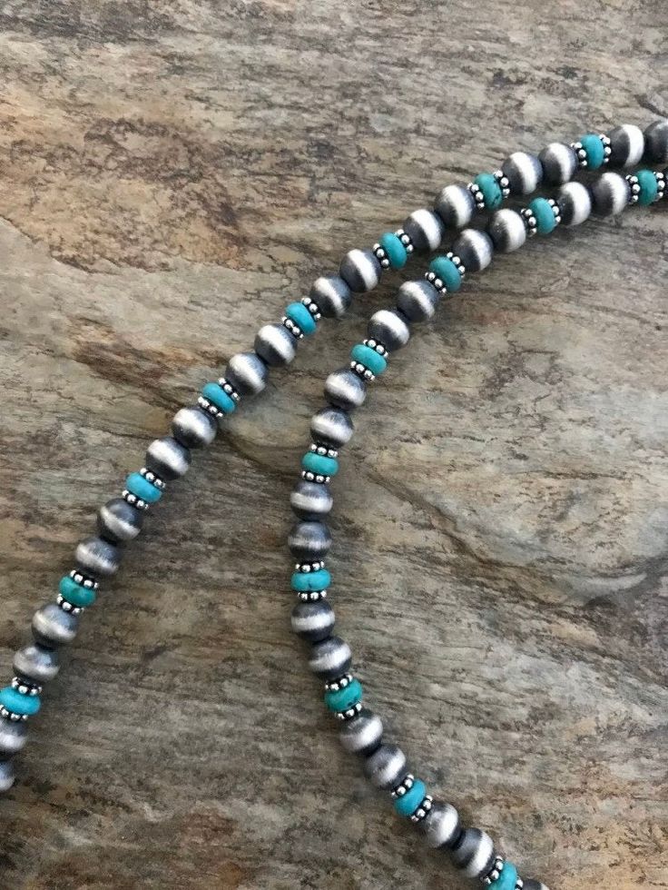 Sterling Silver Turquoise Bead Necklace. 22 inch Diy Turquoise Necklace, Artisan Silver Turquoise Necklace With Spacer Beads, Southwestern Turquoise Gemstone Beads Necklace, Southwestern Beaded Round Turquoise Necklace, Southwestern Beaded Turquoise Necklace, Artisan Turquoise Necklace With Silver Beads, Turquoise Single Strand Southwestern Jewelry, Southwestern Turquoise Necklace With Spacer Beads, Southwestern Beaded Necklaces With Spacer Beads