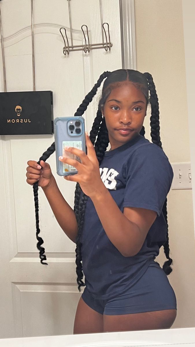 2 Weave Braids Hairstyles, 2 Braids Ideas Hairstyles, 6 Braid Hairstyles For Black Women, Two Braids Black Hair, Jadya Wayda Hairstyles Braids, Two Braid With Weave, 2 Pony Braids, Boho Jayda Wayda Braids, Quick Styles To Do With Braiding Hair