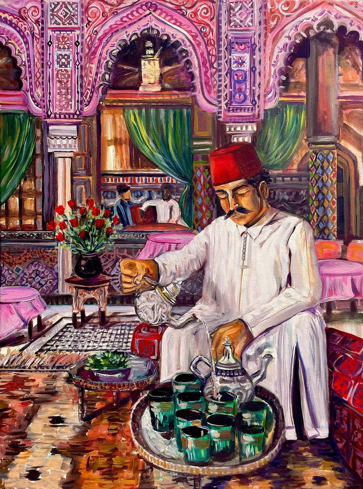 a painting of a man pouring tea in front of a table with green cups on it