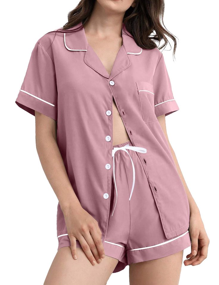 PRICES MAY VARY. 【SOFT PAJAMAS SET】This women's pajama set is made of Modal (95% Rayon and 5% Spandex) fabric, which is soft, lightweight, breathable, stretchy and comfortable, suitable for women's daily wear at home, greatly enhancing your sense of coziness and guaranteeing a restful night's sleep. 【BUTTON UP WOMENS PJ】This 2 piece pajama set for women features a full button down top that is easy to get on and off, making it perfect for nursing your newborn at home, you can easily open and clos Newborn At Home, Soft Pjs, Summer Pjs, Shorts Sleepwear, Button Up Pajamas, One Medical, Pjs Set, Pajamas For Women, Pj Shorts