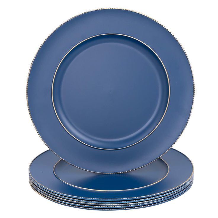 four blue plates stacked on top of each other with gold trimming around the edges