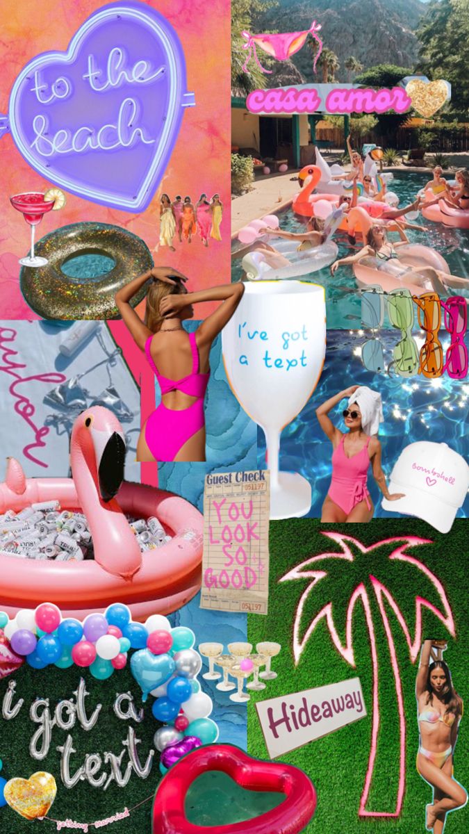 a collage of photos with flamingos and balloons