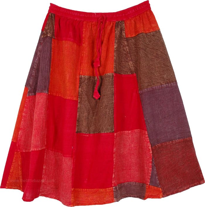 A cute gypsy short skirt in red, pink, purple and brown shade patches, in washed vintage look cotton fabric.  It features an elastic waistband and drawstrings for an easy pull-up style. #tlb #WrapAroundSkirt #Patchwork #JuniorPetite #Shortskirt #Multicoloredskirt #Rodeoskirt #Oldstyleskirt #Washedcottonfabricskirt Hippie Cotton Mini Skirt For Spring, Cotton Hippie Mini Skirt, Hippie Style Cotton Mini Skirt, Hippie Cotton Mini Skirt, Red Cotton Festival Shorts, Red Cotton Shorts For Festivals, Cotton Red Shorts For Festival, Red Cotton Mini Skirt, Cotton Mini Skirt For Festivals