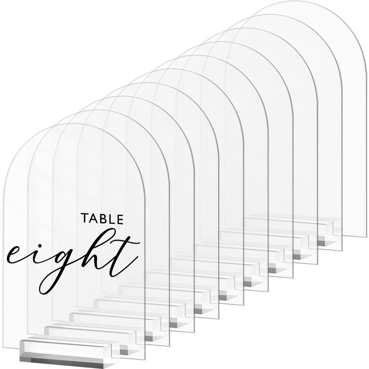 six clear acrylic display stands with the words table eight