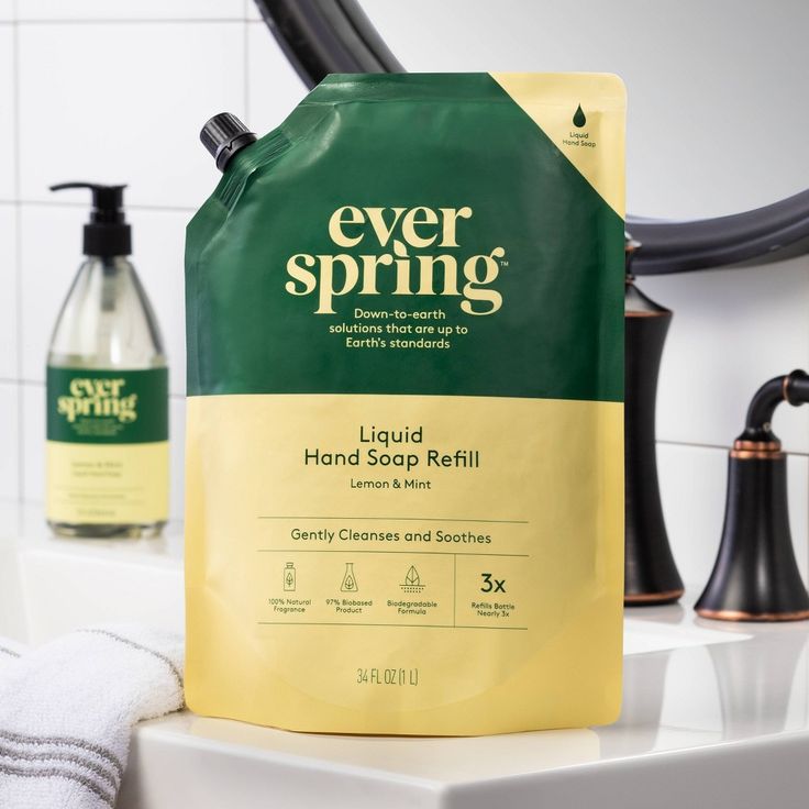 Keep a Lemon & Mint Gel Hand Soap Refill from Everspring™ on hand to make sure your household never runs out of an everyday essential. This liquid hand soap gently cleanses and soothes your hands, and it's made with a biodegradable formula with 97% biobased products and 100% natural fragrance. The gentle formula gives you a satisfying lather as you wash, while the bright lemon and mint fragrance perks up and pleases your senses with each and every use. Plus, this refill pouch fills your soap dis Refill Pouch, Lemon Mint, Liquid Hand Soap, Natural Fragrances, Hand Soap, Everyday Essentials Products, Biodegradable Products, Ginger, Lemon