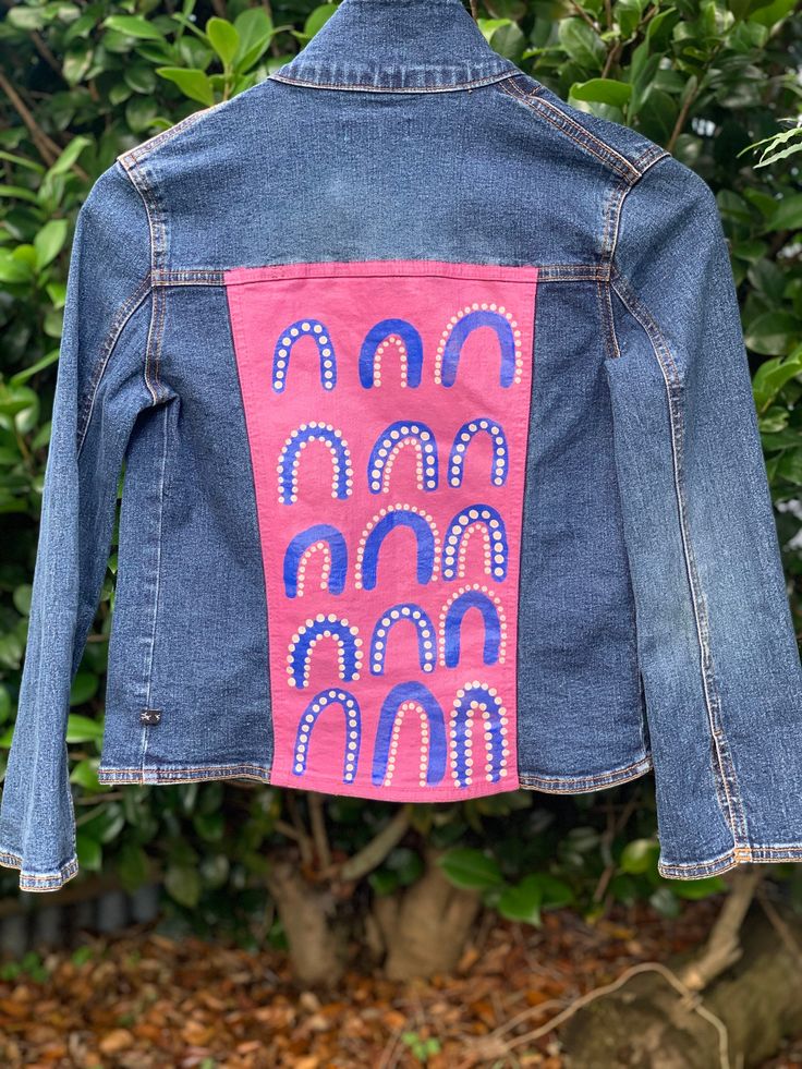 Size M 'when Angel' girls jacket Artsy Long Sleeve Cotton Denim Jacket, Artsy Cotton Denim Jacket For Spring, Hand Painted Blue Denim Jacket For Spring, Spring Hand Painted Denim Jacket, Spring Hand Painted Blue Denim Jacket, Hand Painted Blue Cotton Denim Jacket, Hand-painted Blue Denim Jacket, Hand Painted Blue Cotton Outerwear, Artistic Blue Cotton Denim Jacket