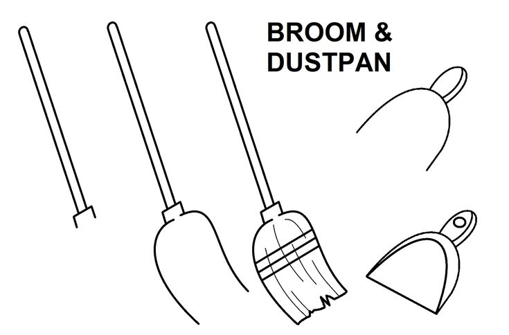 brooms and dustpans with the words broom & dustpan above them in black and white