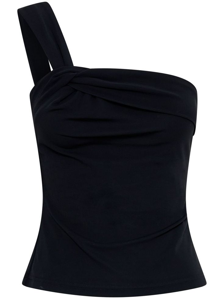 black stretch-cotton one-shoulder square neck sleeveless knot detailing gathered detailing straight hem Anna Quan, Black Cold Shoulder Top, Black Camisole, Wardrobe Edit, Boots Fall, Exclusive Fashion, Ballet Flat Shoes, Cami Tanks, Clothing Rack