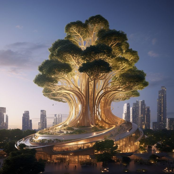 a large tree that is on top of a building in the middle of a city