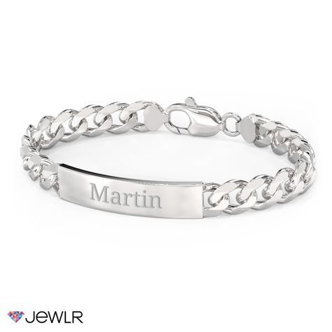 Identify yourself, remember a loved one, or display a special date with this classic engravable ID bracelet. Handcrafted in sterling silver, this 7.5" men's bracelet features a curb-link chain secured with a lobster clasp for just the right fit. Classic Silver Charm Bracelet For Everyday, Classic Silver Chain Bracelet With Polished Finish, Classic Silver Stainless Steel Chain Bracelet, Classic Silver Stainless Steel Bracelets, Classic Silver Charm Bracelet, Classic Engraved Charm Bracelet For Formal Occasions, Personalized Nameplate Jewelry With Polished Finish, Classic Engraved Sterling Silver Bracelet For Everyday Use, Classic Engraved Silver Bracelets