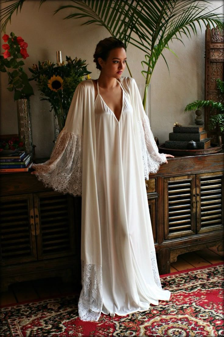 Satin Bridal Robe Lace Trimmed Angel Sleeve Wedding Sleepwear | Etsy Lace Patchwork Gown For Wedding Night, White Robe With Lace Trim For Wedding Night, White Lace Trim Robe For Wedding Night, Cream Lace Wedding Nightgown, Wedding Cream Lace Nightgown, Cream Wedding Night Gown With Lace Trim, Bridal Lace Gown With Lace Trim, White Lace Wedding Nightgown, White Lace Nightgown For Wedding