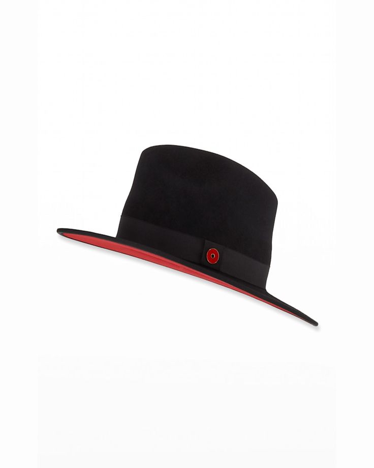 Keith James "Queen" fedora hat in felt with signature red brim Grosgrain band with authentic logo pin Pinched crown Flat brim Wool; polyblend trim Made in USA Wool Fedora Hat, Wool Fedora, Pin Logo, Fedora Hat, Fedora, Cowboy Hats, Neiman Marcus, Tops Designs, Queen