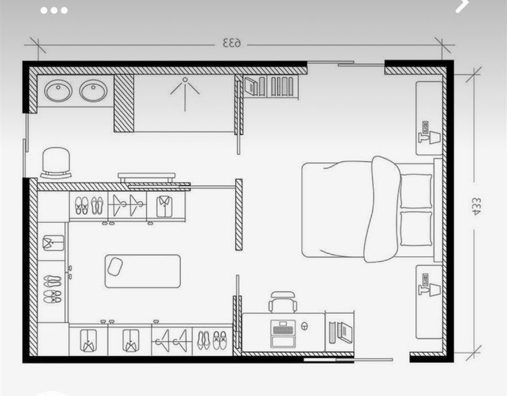 the floor plan for a small apartment with an attached bedroom and living room, as well as a kitchen