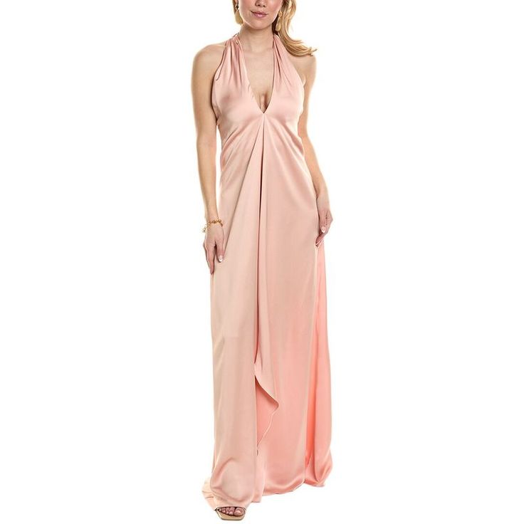 About The Brand: Silk Fabrics, Lively Colors, And Sophisticated Silhouettes. Carey Gown In Rose Quartz With Satin Design, Crossover Halter Neck, And Cascading Ruffle Front Approximately 60in From Shoulder To Hem Model Is 5'9 And Is Wearing A Size 4. Measurements May Vary Slightly By Size. Center Back Zipper 100% Polyester Dry Clean Only Imported Feminine Floor-length Maxi Dress For Cocktail, Feminine Floor-length Silk Gown, Feminine Floor-length Evening Gown, Feminine Evening Satin Gown, Feminine Silk Maxi Evening Dress, Feminine Silk Maxi Length Evening Dress, Feminine Silk Maxi Dress For Party, Feminine Floor-length Evening Dress For Cocktails, Feminine Floor-length Cocktail Evening Dress