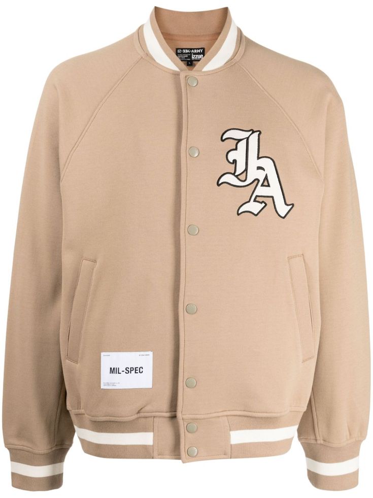 sand beige cotton blend stretch-design stripe detailing embroidered logo to the rear baseball collar front press-stud fastening two side welt pockets long sleeves elasticated cuffs and hem Outdoor Jackets, Sand Beige, Baseball Jacket, Mens Outerwear, Logo Embroidered, Welt Pockets, Welt Pocket, Outerwear Jackets, Cotton Spandex