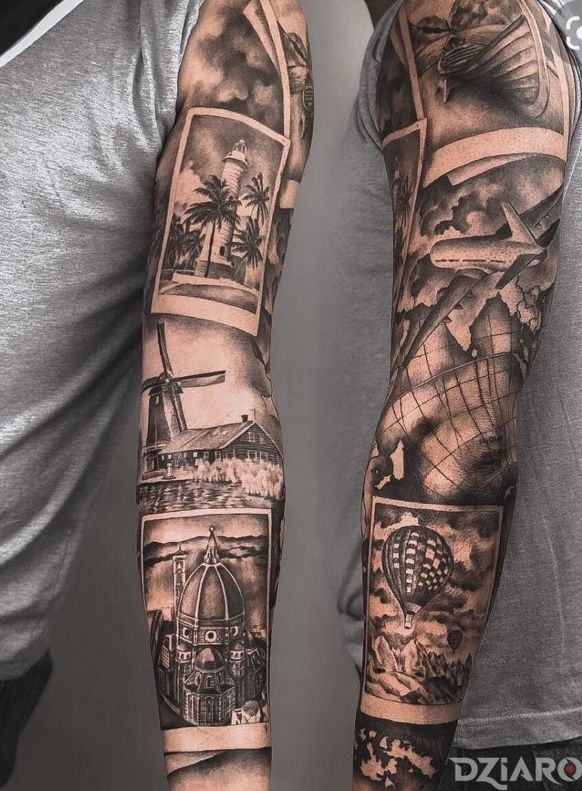 a man's arm with pictures on it and the words, i love to travel