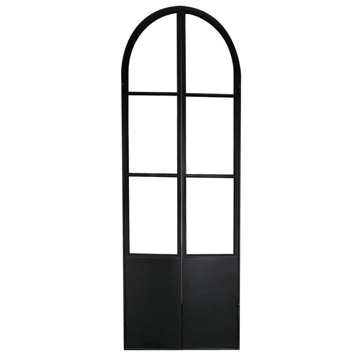 a black metal door with an arched window on the top and bottom part, against a white background