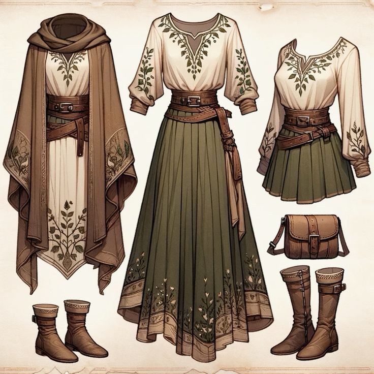 Cool Medieval Outfits, Medieval Robe Women, Forest Spirit Outfit, Dnd Fashion Aesthetic, Modern Medival Outfits Woman, Ren Faire Outfits Women, Forest Elf Outfit, Cute Fantasy Outfits, Reinassance Outfits