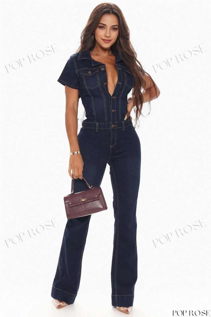 Platform Fashionable Casual Sexy Denim Jumpsuit Wide Leg Pants High Waist Stretch Denim Jumpsuit, Non-stretch High Rise Denim Jumpsuit, Stretch High-waisted Denim Jumpsuit, Non-stretch High Waist Denim Jumpsuit, Non-stretch High-waist Denim Jumpsuit, Stretch Denim Blue Jumpsuits And Rompers, Stretch Denim Jumpsuit For Night Out, Stretch High Waist Denim Jumpsuit For Night Out, Fitted High Waist Denim Jumpsuit For Night Out