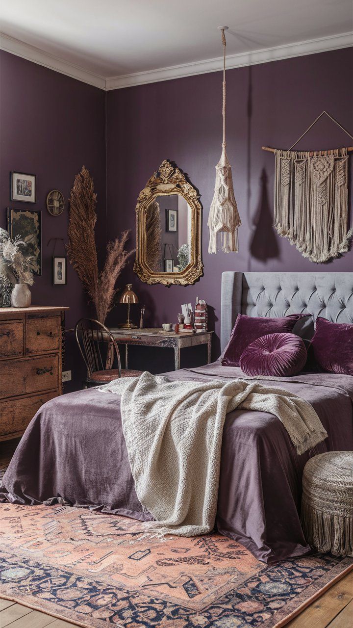 Modern Purple Boho Bedroom Ideas: Statement Walls and Art Grey And Dark Purple Bedroom, Smokey Purple Bedroom, Victorian Purple Bedroom, Purple Bedroom Palette, Purple And Orange Boho Bedroom, Colorful Boho Bedroom Jewel Tones, Plum Colored Bedrooms, Light Purple Walls Bedroom Ideas, Purple Wall Room Ideas Bedrooms