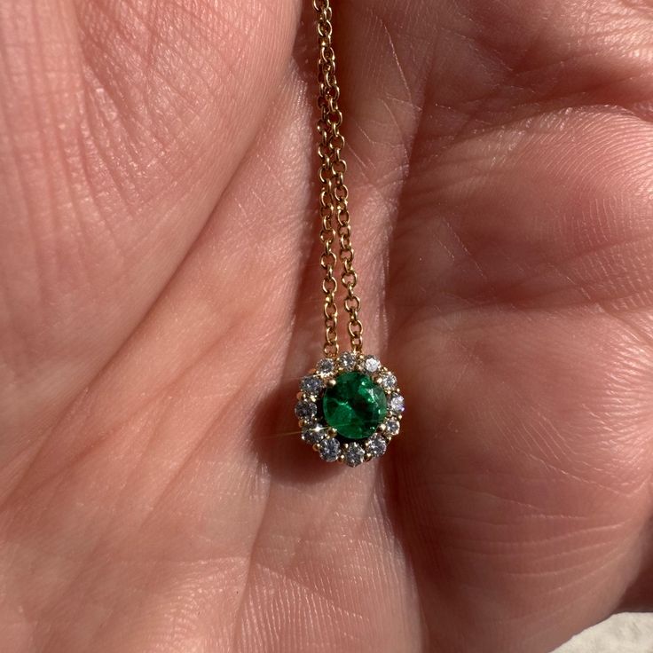 Authentic Natural, Untreated/Unheated 14k Yg Emerald And Diamond Necklace Specs Are: Emerald- 5mm Width Of Stone Weight Is 3.6 G. Diamonds-0.14cttw, Vs Clarity, F-G Color Chain/Pendant- 14k Yg, Hallmarked, 18” Length Recently Professionally Cleaned On 11/8/2024. Will Come With Brand New Green Velvet Necklace Box. Open To Offers And Potential Trades! Elegant Gold Emerald Necklace, Elegant Gold Emerald Necklace With Round Pendant, Formal Gold Emerald Necklace With Round Pendant, Dainty Gold Emerald Necklace For Formal Occasions, Dazzling Gold Emerald Necklace, Elegant Green Jewelry With Halo Design, Elegant Green Jewelry With Halo, Elegant Green Halo Jewelry, Luxury Emerald Jewelry With Halo Design