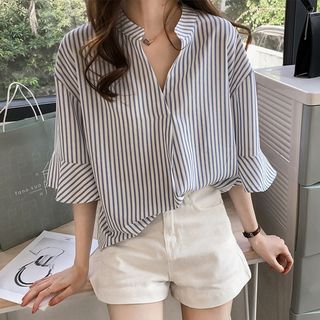 Happo - Pinstriped Elbow-Sleeve Shirt Bussines Casual Woman, Pink Pinstripe, Smart Casual Women, Casual Blouse Shirts, Shirts Women Fashion, Casual Work Outfit, Oversized Blouse, Women Tunic Tops, Sleeves Top