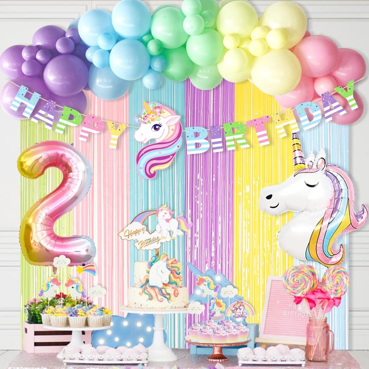 a unicorn themed birthday party with balloons and streamers